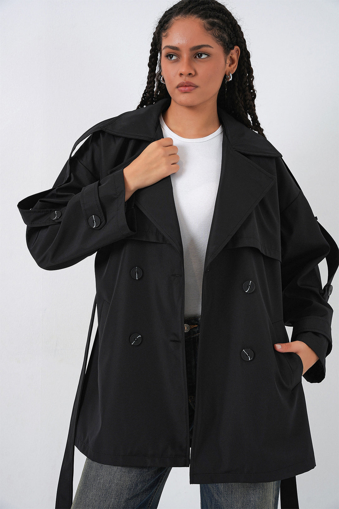 BGD Women Women's Belted Short Trench Coat 5974 - Black - Brea