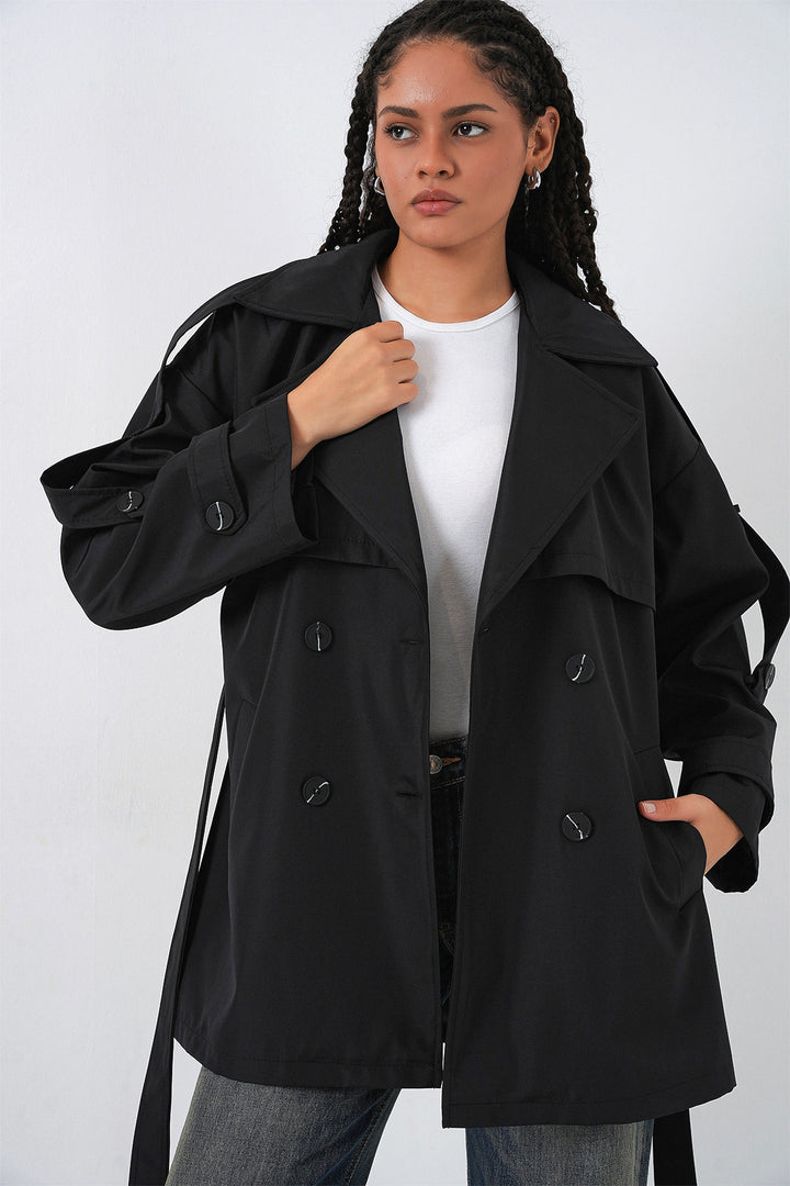 BGD Women Women's Belted Short Trench Coat 5974 - Black - Brea