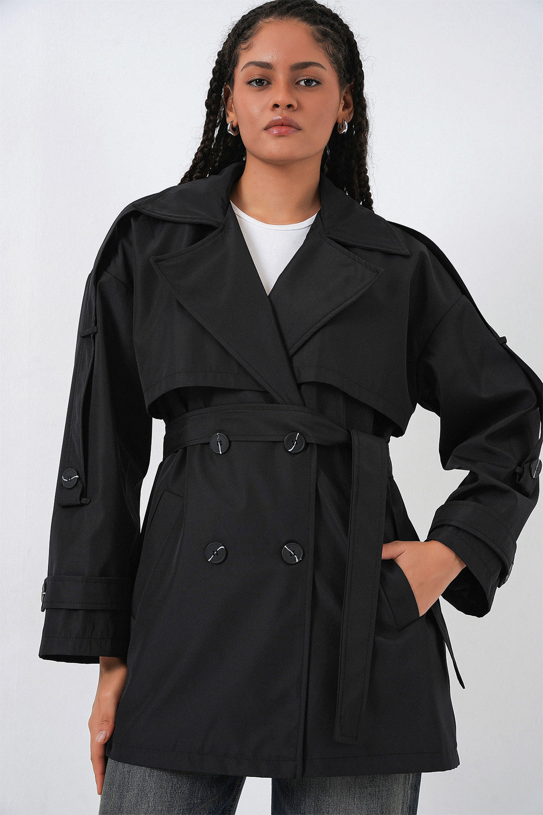 BGD Women Women's Belted Short Trench Coat 5974 - Black - Brea
