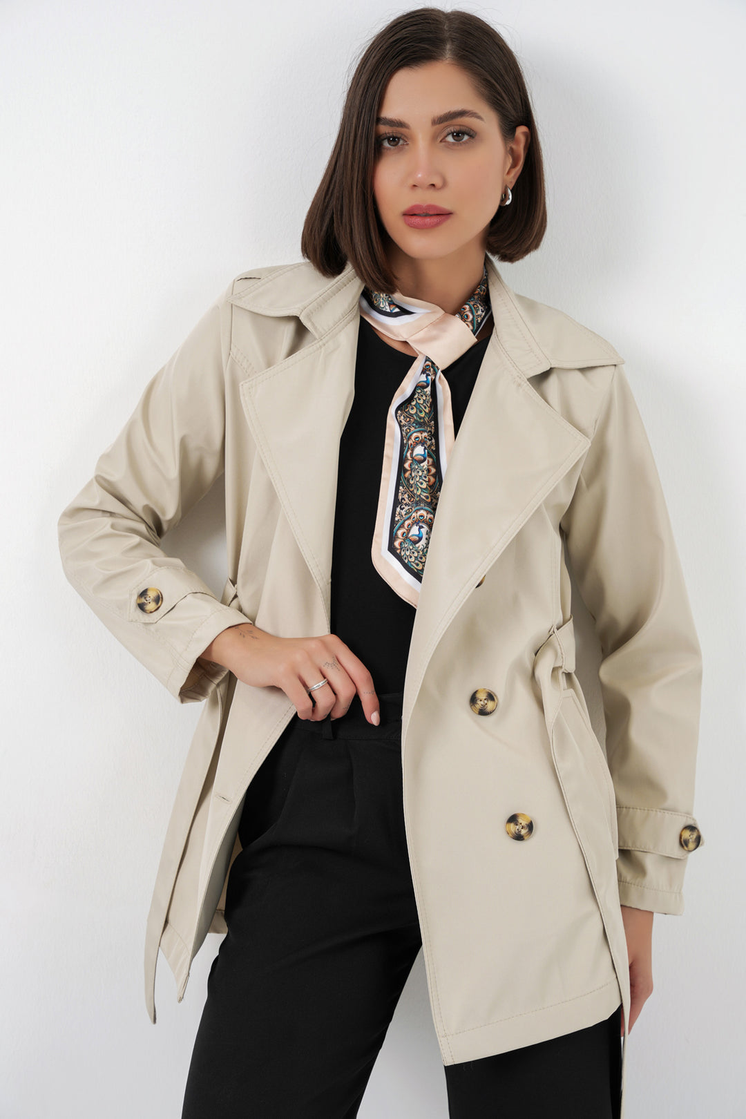 BGD Women Kadın Kuşaklı Kısa Trençkot 5982 - Bej - Guelph