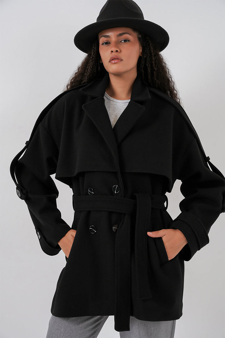 BGD Women Women's Belted Oversized Coat 9157 - Black - Grapevine
