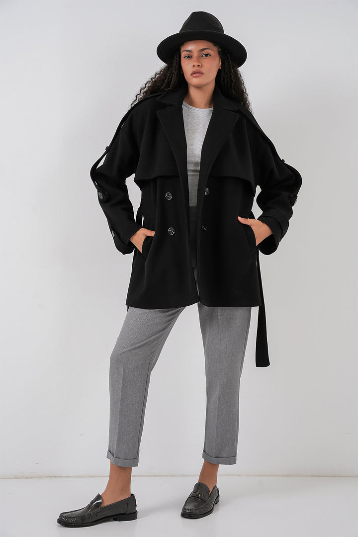 BGD Women Women's Belted Oversized Coat 9157 - Black - Grapevine