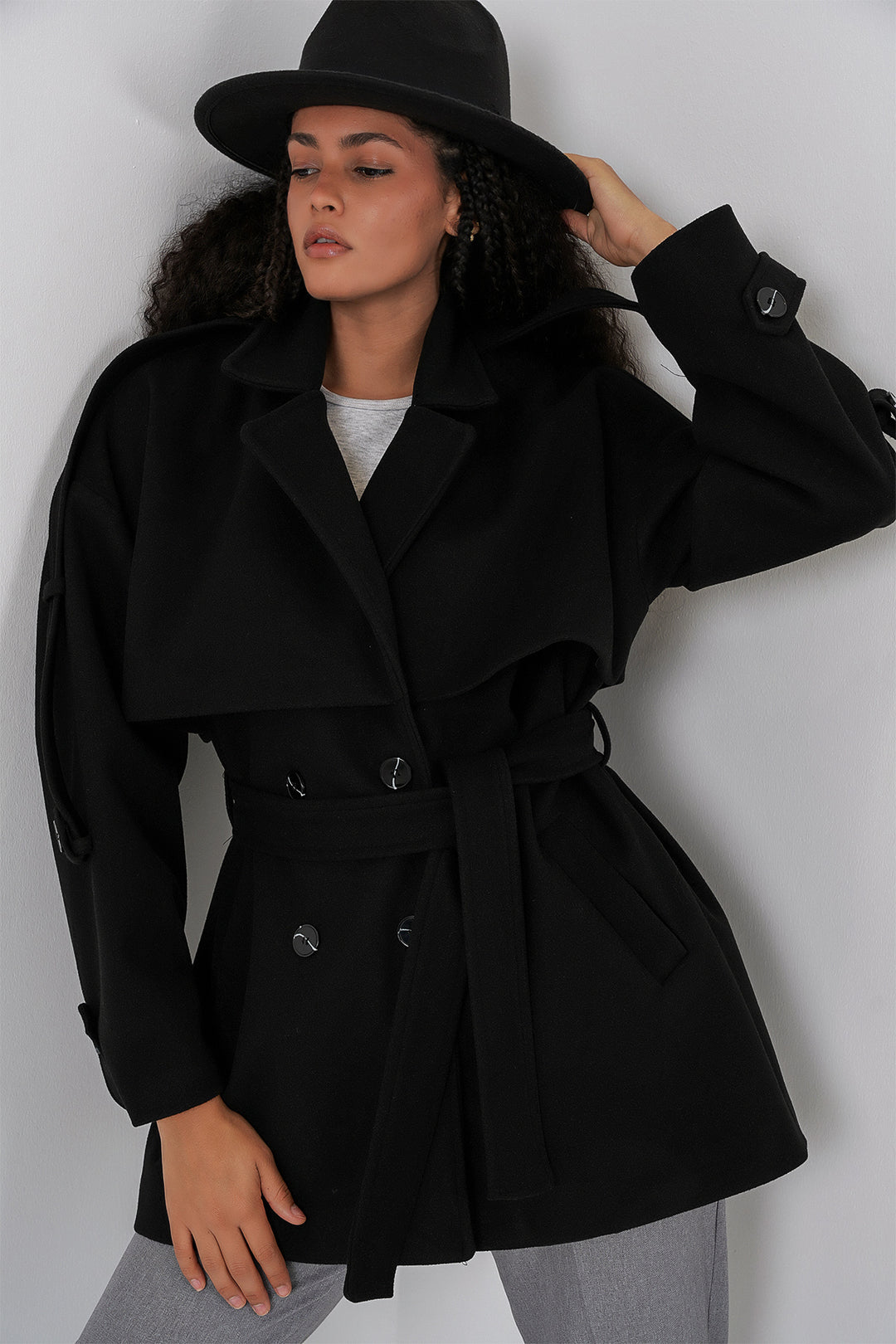 BGD Women Women's Belted Oversized Coat 9157 - Black - Grapevine