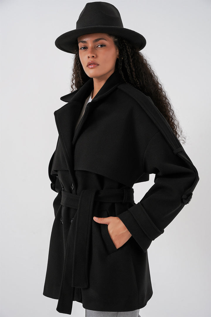 BGD Women Women's Belted Oversized Coat 9157 - Black - Grapevine