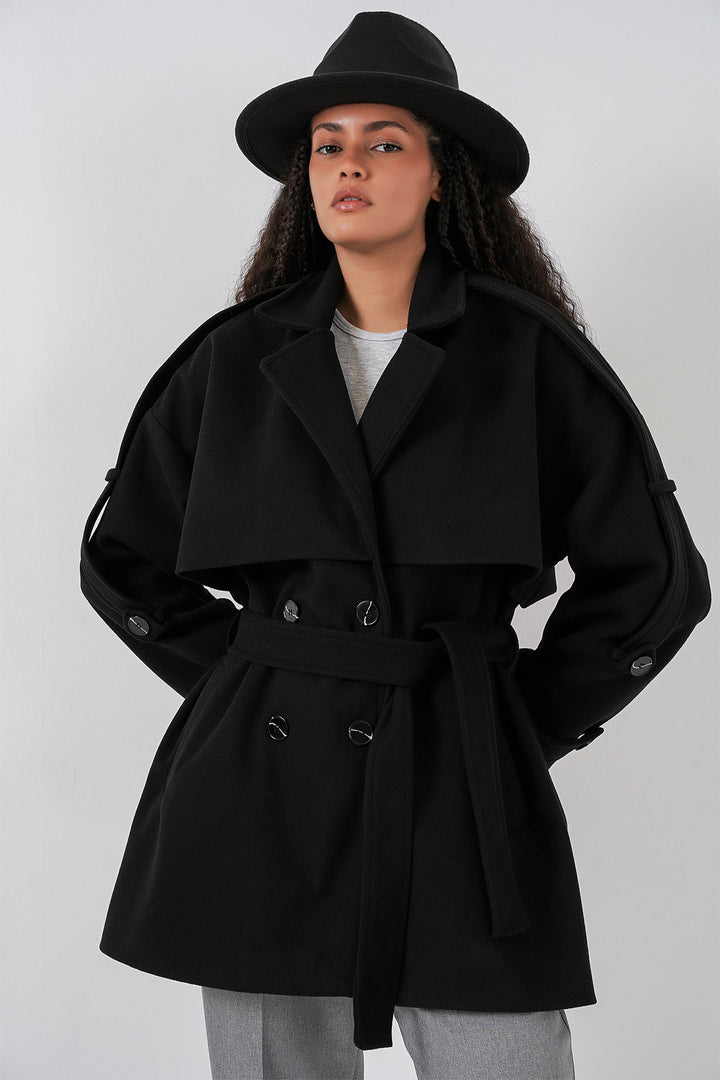 BGD Women Women's Belted Oversized Coat 9157 - Black - Grapevine