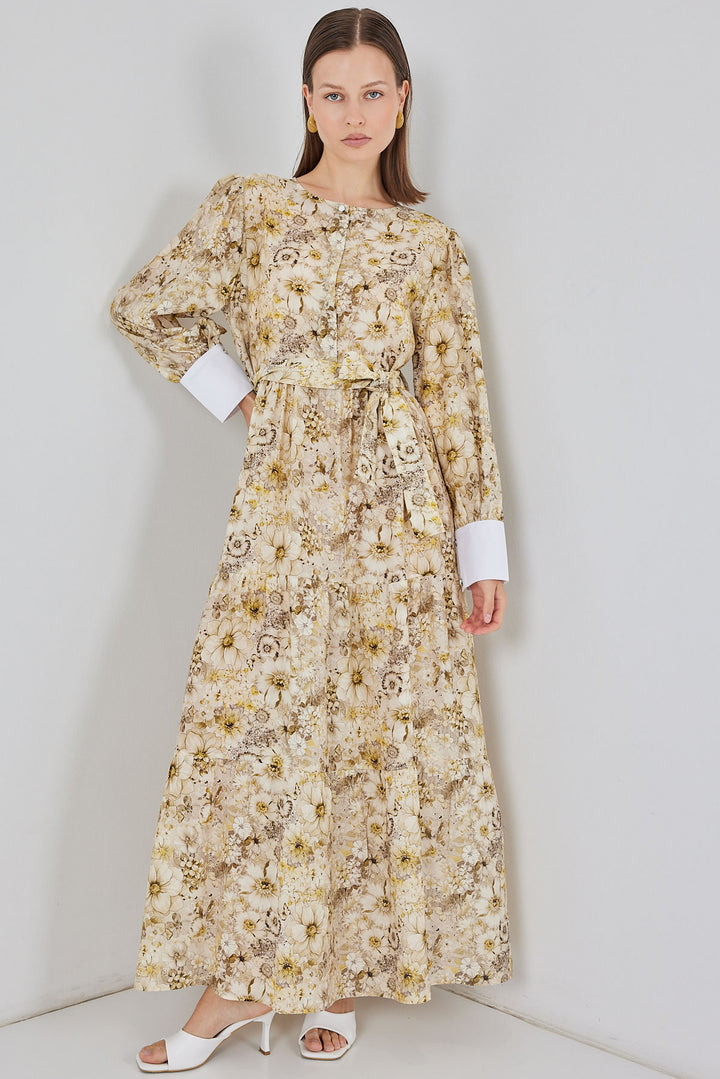 BGD Women Women's Belted Long Dress 2584 - Bright Yellow - Krefeld