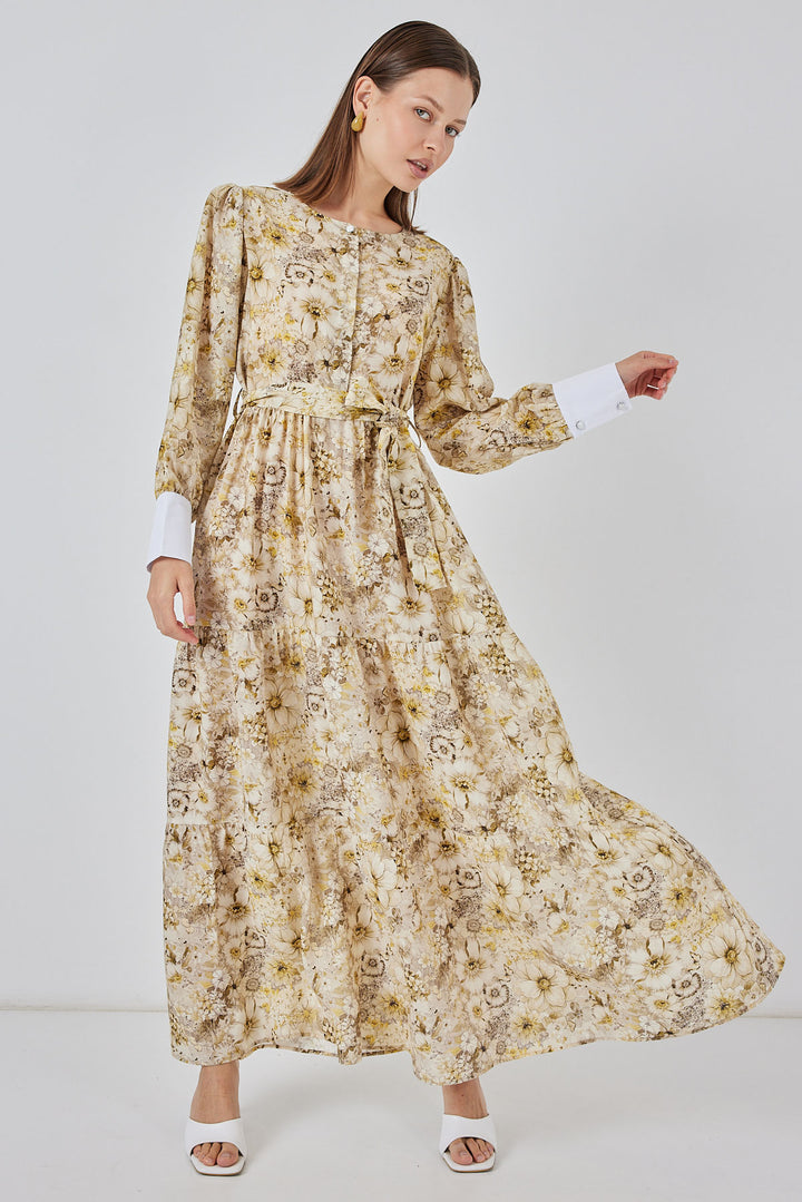 BGD Women Women's Belted Long Dress 2584 - Bright Yellow - Krefeld