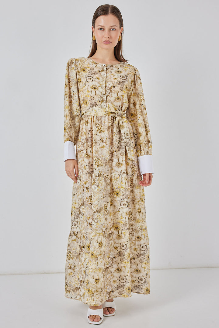 BGD Women Women's Belted Long Dress 2584 - Bright Yellow - Krefeld