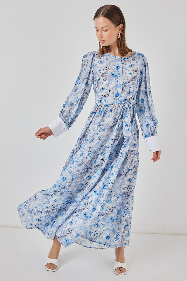 BGD Women Kadın Kuşaklı Uzun Elbise 2584 - Mavi - Gulfport