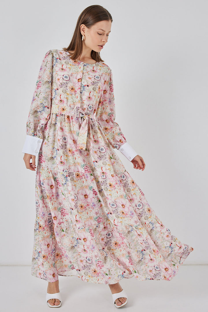 BGD Women Kadın Kuşaklı Uzun Elbise 2584 - Pembe - Irondequoit