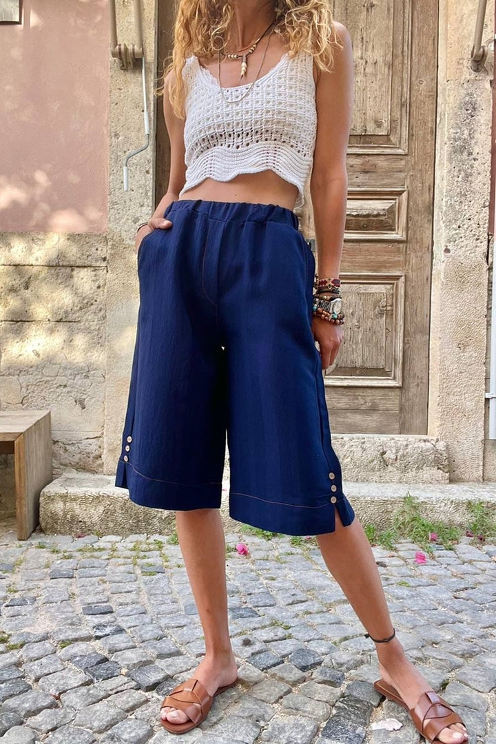 GNS Women's Navy Elastic Waist Textured Bermuda Shorts with Side Buttoned Pockets BST3146 - Turin