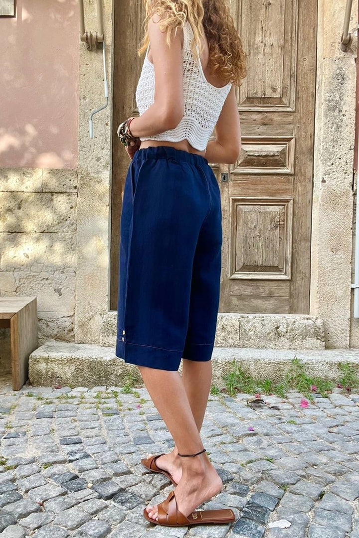 GNS Women's Navy Elastic Waist Textured Bermuda Shorts with Side Buttoned Pockets BST3146 - Turin