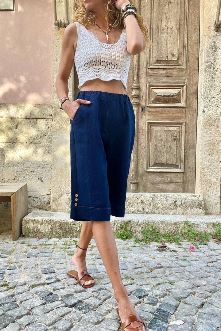 GNS Women's Navy Elastic Waist Textured Bermuda Shorts with Side Buttoned Pockets BST3146 - Turin
