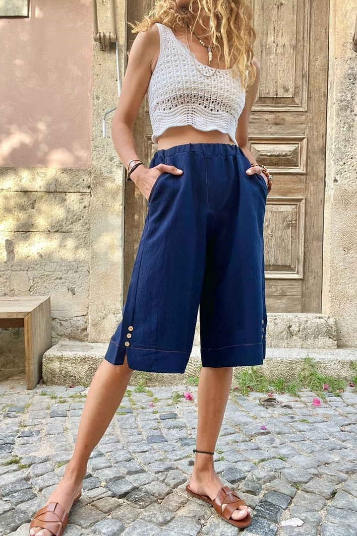 GNS Women's Navy Elastic Waist Textured Bermuda Shorts with Side Buttoned Pockets BST3146 - Turin
