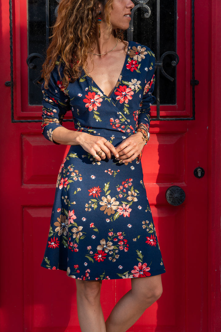 GNS Women's Navy Blue Floral Wrap Dress BST2846 - Guilderland