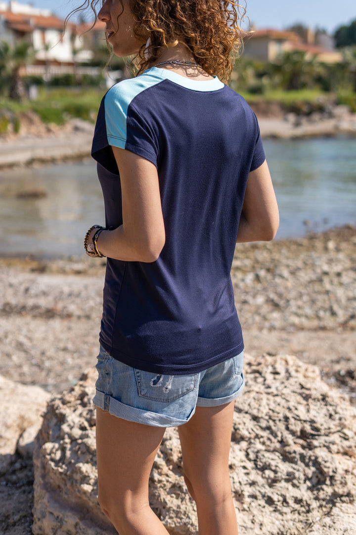 GNS Woman Navy Color Block Shoulder Embroidered T-Shirt Bst3229 - Groningen