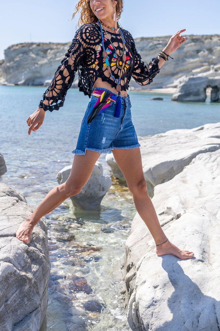 GNS Woman Navy Blue Hem Tassel Distressed Denim Shorts Bstkt0050 - Hammersmith