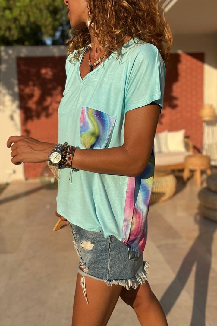 GNS Woman Blue Color Garnished Single Pocket V Neck Baggy T-Shirt Bst3426 - Whitby