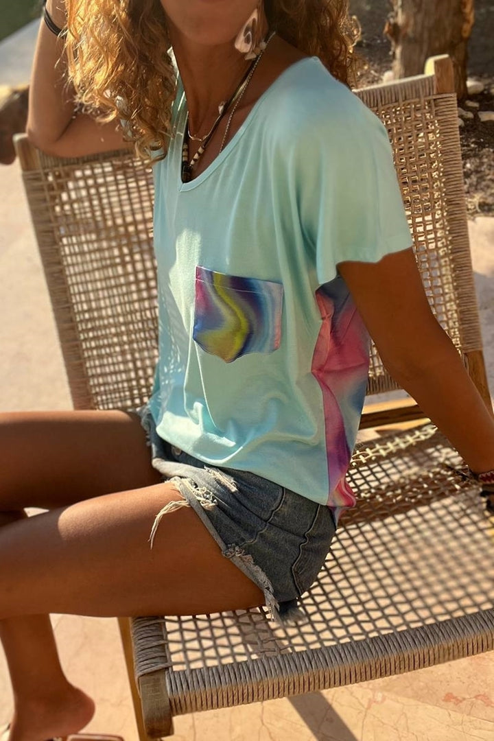 GNS Woman Blue Color Garnished Single Pocket V Neck Baggy T-Shirt Bst3426 - Whitby