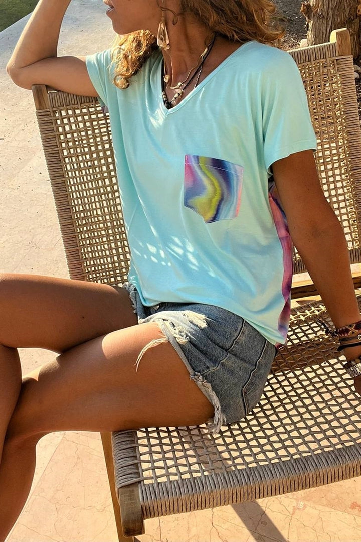 GNS Woman Blue Color Garnished Single Pocket V Neck Baggy T-Shirt Bst3426 - Whitby