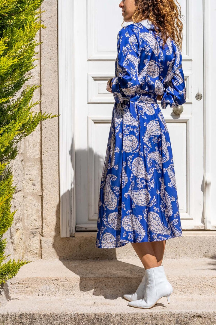 GNS Women's Blue Satin Wrap Dress with Self Belted Waist BST3236 - Woking