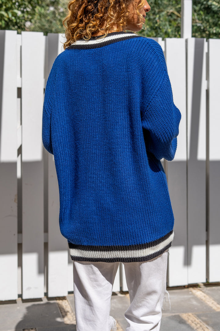 GNS Woman Blue V-Neck Collar Garnished Loose Sweater Cck1488 - Syracuse