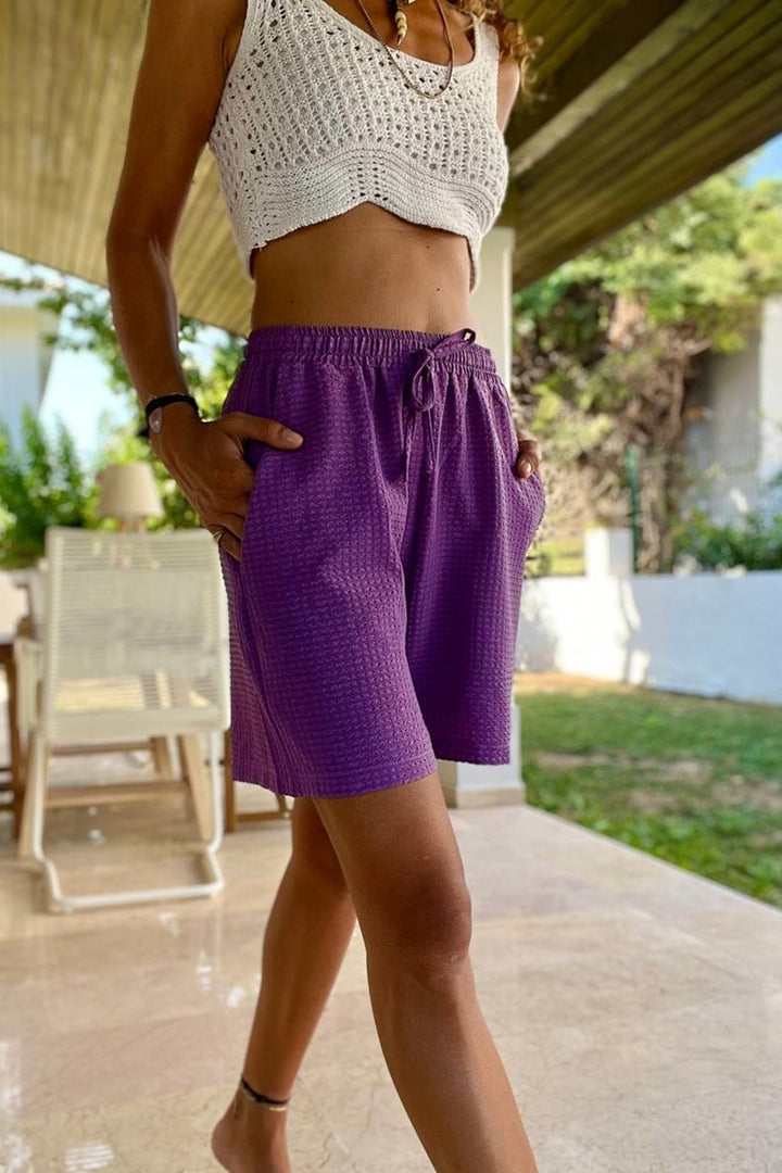 GNS Women's Purple Elastic Waist Pocketed Soft Textured Loose Shorts BST3651 - Redcar