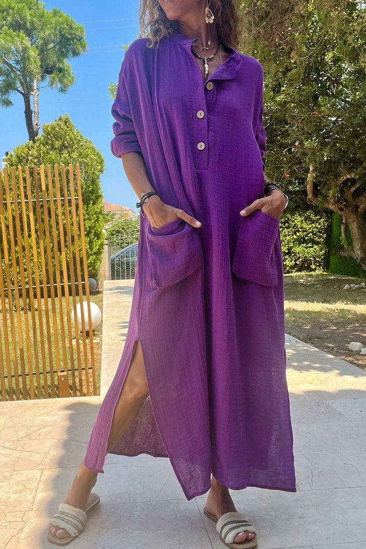 فستان فضفاض من GNS Woman من الموسلين الأرجواني بفتحة نصف جيوب BST700-3620 - Backnang
