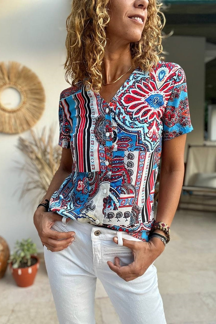 GNS Woman Purple V-Neck Buttoned Patterned Blouse BST700-H5030 - Guamúchil