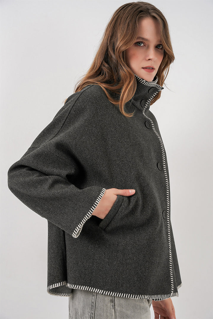 BGD Women Woman Embroidered Coat 9167 - Anthracite - Boryspil