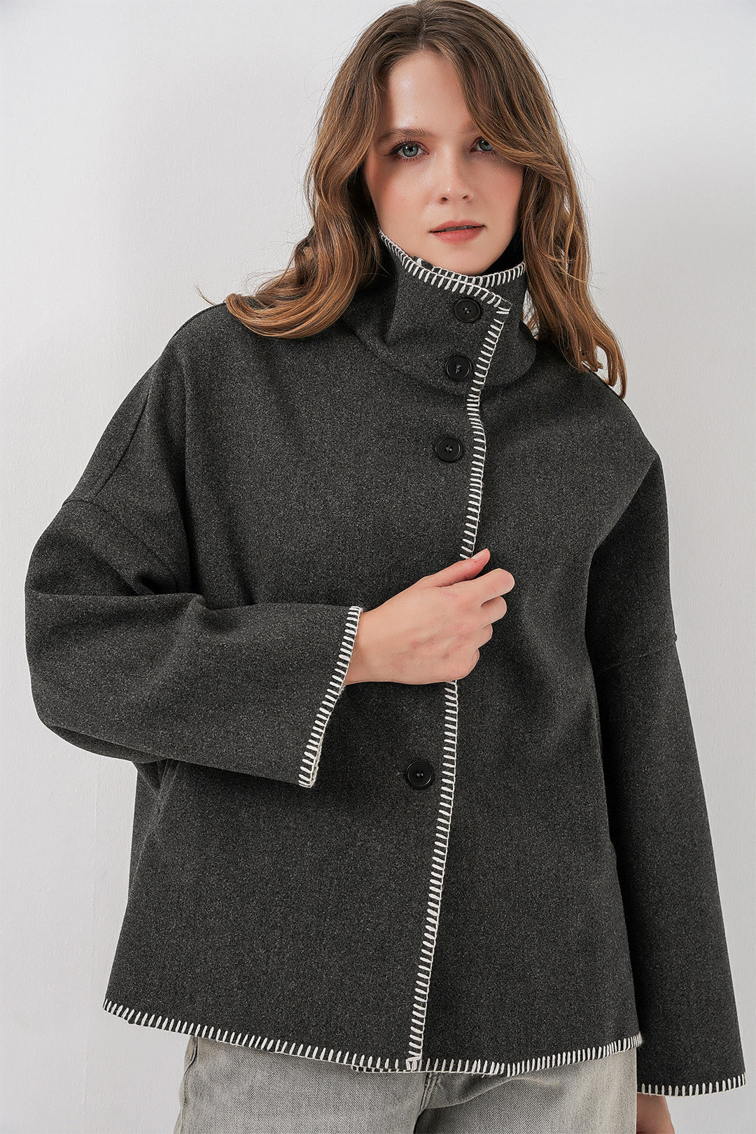 BGD Women Woman Embroidered Coat 9167 - Anthracite - Boryspil