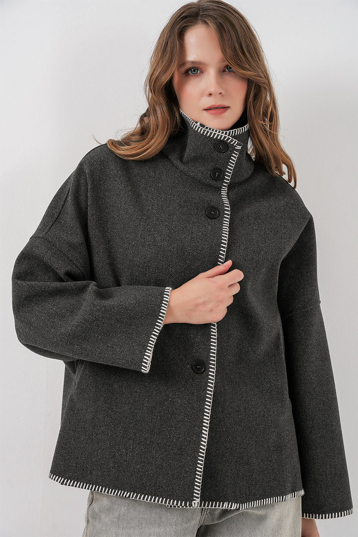 BGD Women Woman Embroidered Coat 9167 - Anthracite - Boryspil