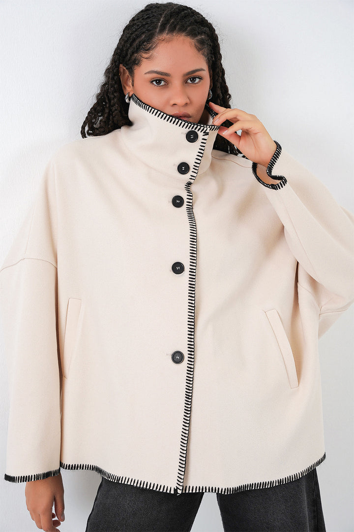 BGD Women Kadın Nakışlı Kaşe Ceket 9167 - Ekru - Foligno