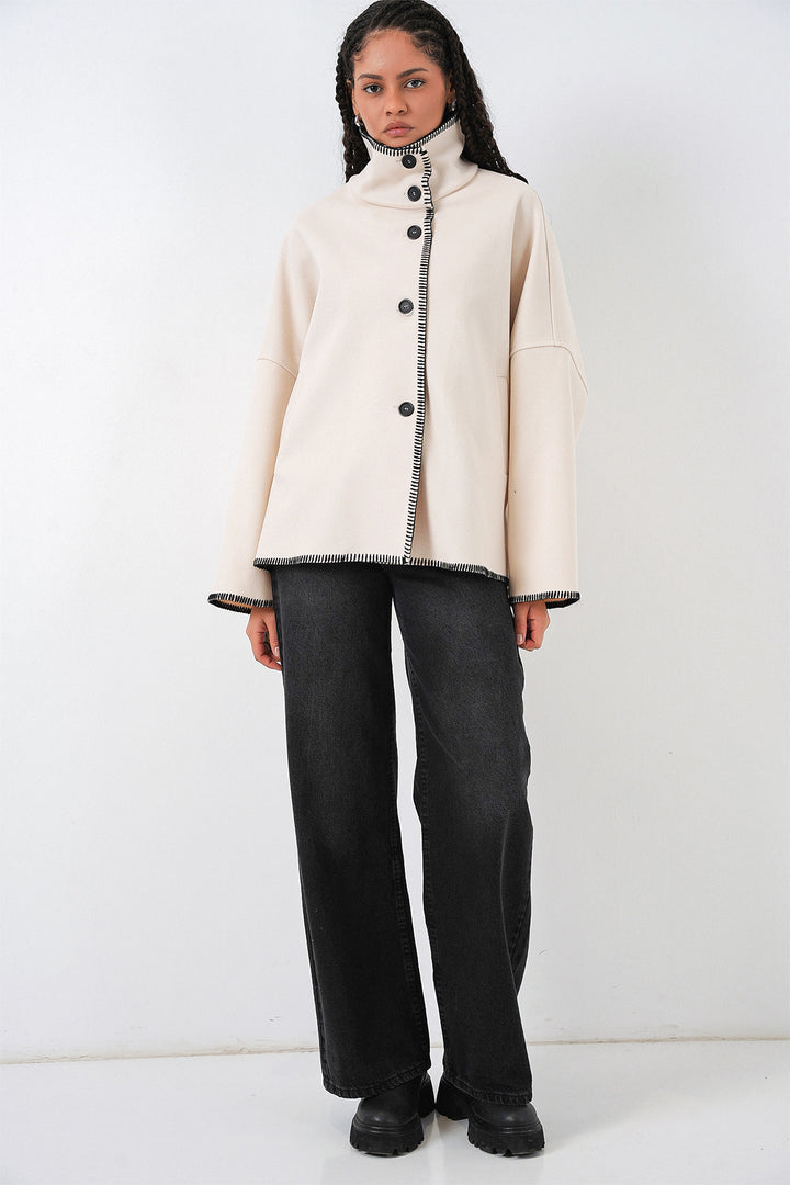 BGD Women Kadın Nakışlı Kaşe Ceket 9167 - Ekru - Foligno