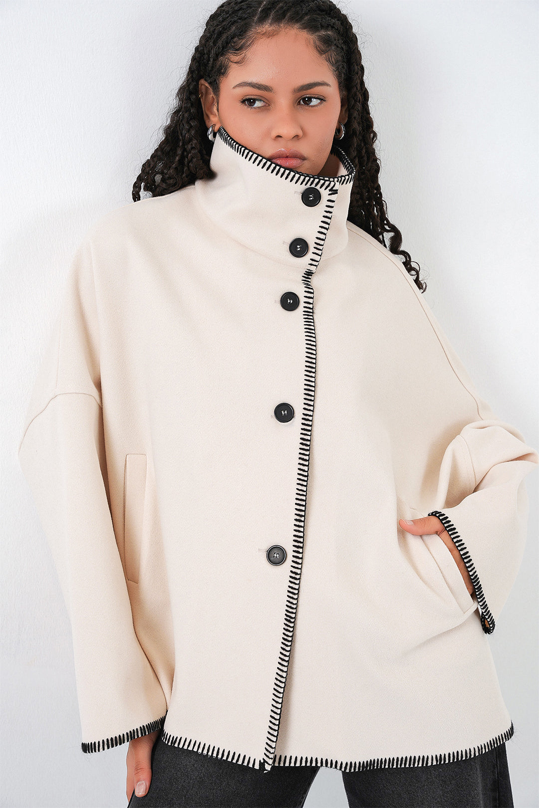 BGD Women Kadın Nakışlı Kaşe Ceket 9167 - Ekru - Foligno