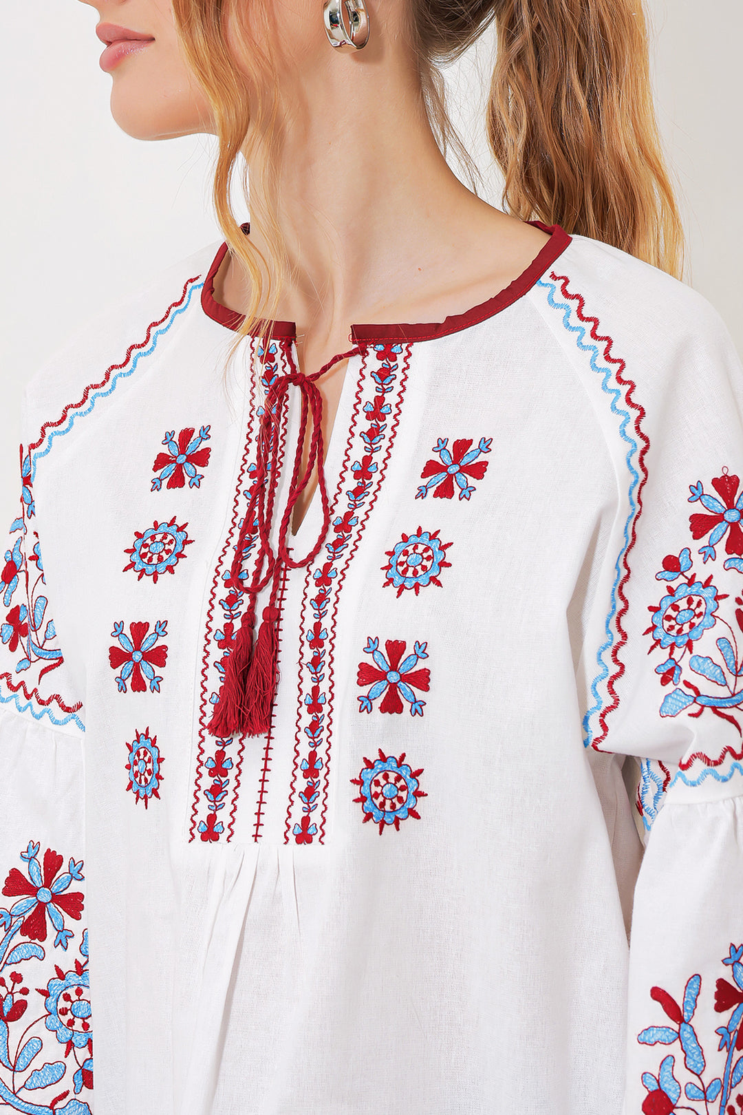 BGD Women Woman Bordeaux Ecru Embroidered Linen Blouse 902 - Avondale