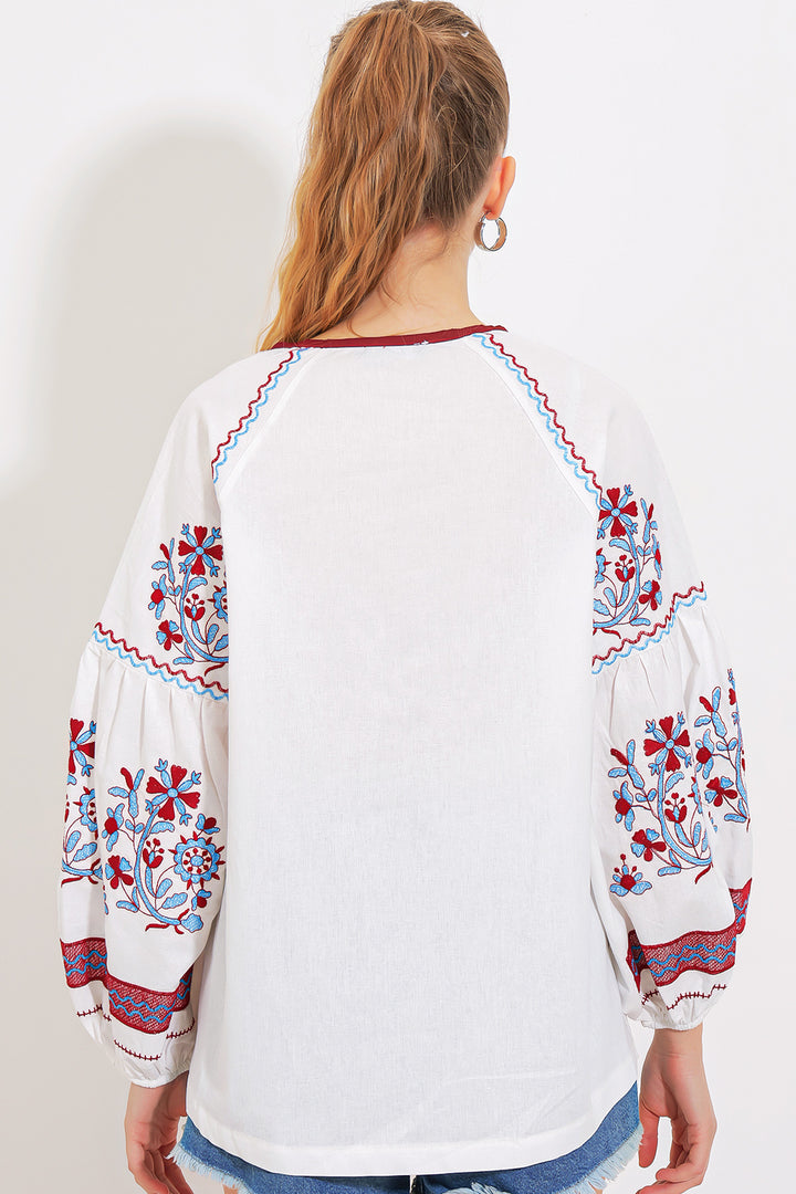 BGD Women Woman Bordeaux Ecru Embroidered Linen Blouse 902 - Avondale