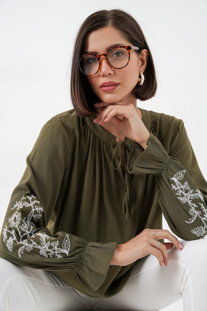 BGD Women Kadın Nakışlı Örme Bluz 941 - Haki - Louisville