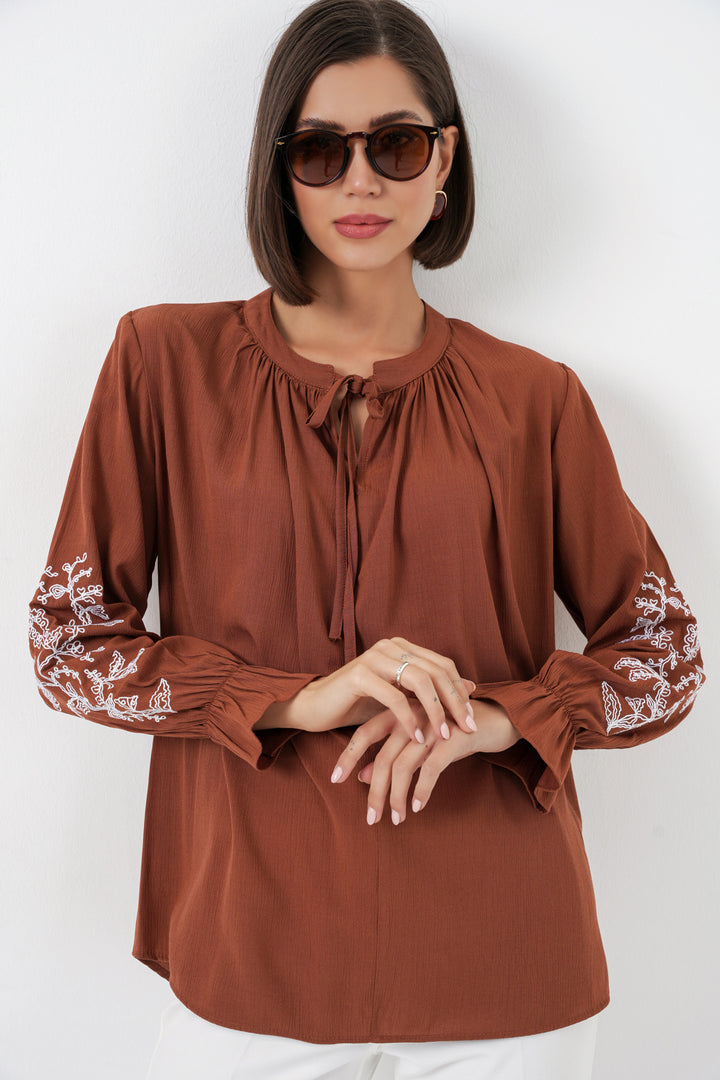 BGD Women Kadın Nakışlı Örme Bluz 941 - Kiremit - Attleboro