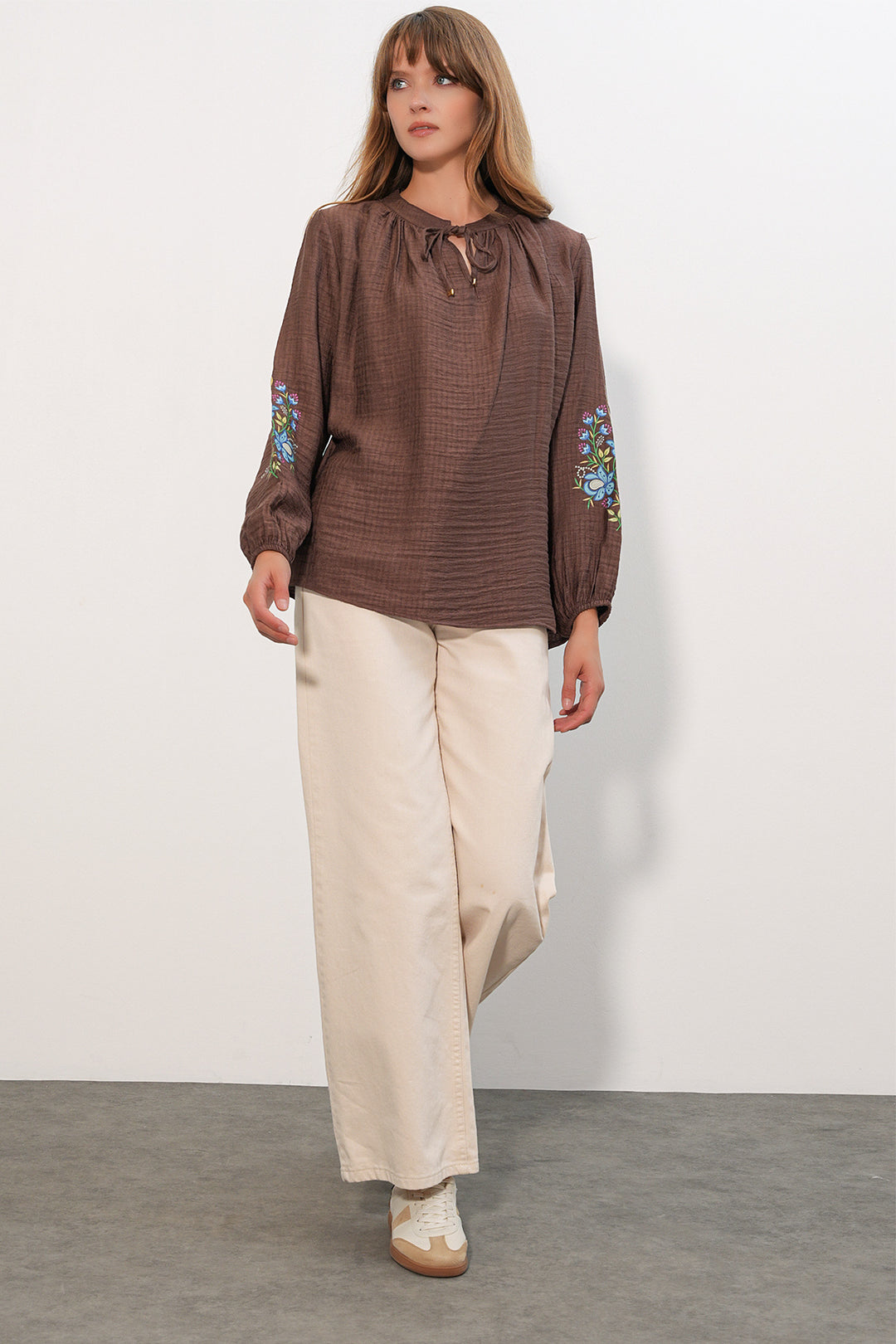 BGD Women Kadın Nakışlı Oversize Bluz 1000 - Kahverengi - Kamloops