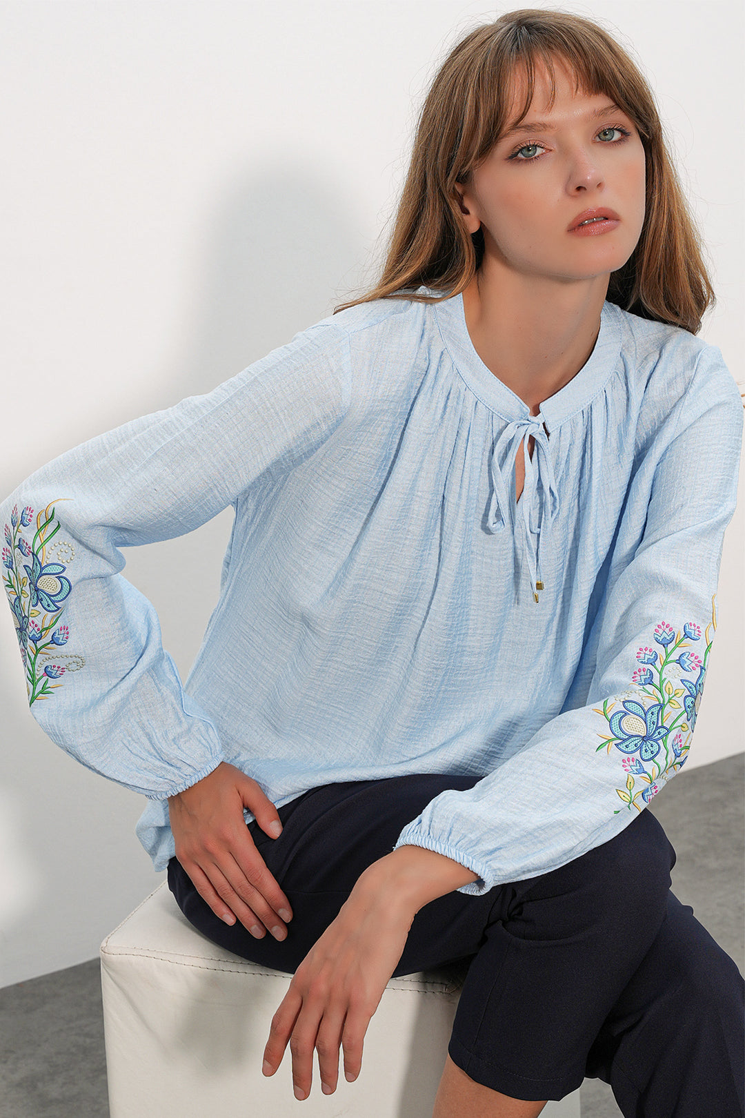BGD Women Kadın Nakışlı Oversize Bluz 1000 - Mavi - Roosendaal