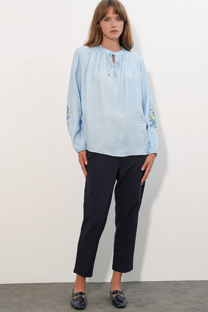 BGD Women Kadın Nakışlı Oversize Bluz 1000 - Mavi - Roosendaal