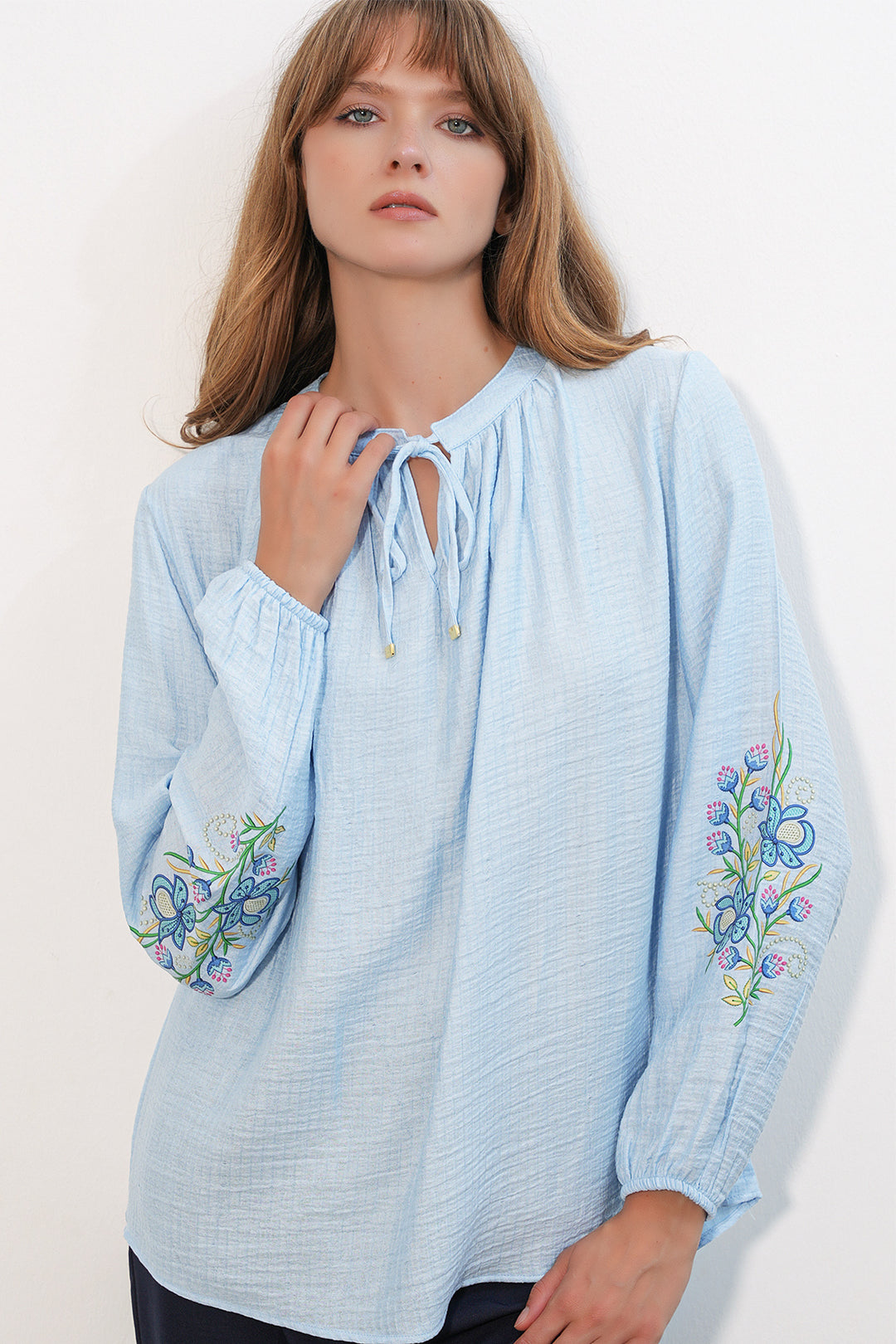 BGD Women Kadın Nakışlı Oversize Bluz 1000 - Mavi - Roosendaal