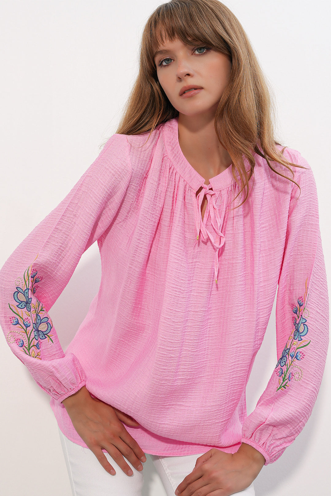 BGD Women Kadın Nakışlı Oversize Bluz 1000 - Pembe - Villahermosa
