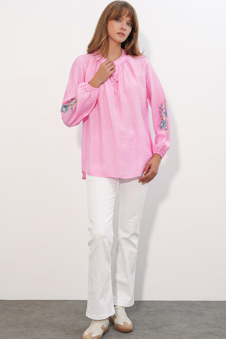 BGD Women Kadın Nakışlı Oversize Bluz 1000 - Pembe - Villahermosa
