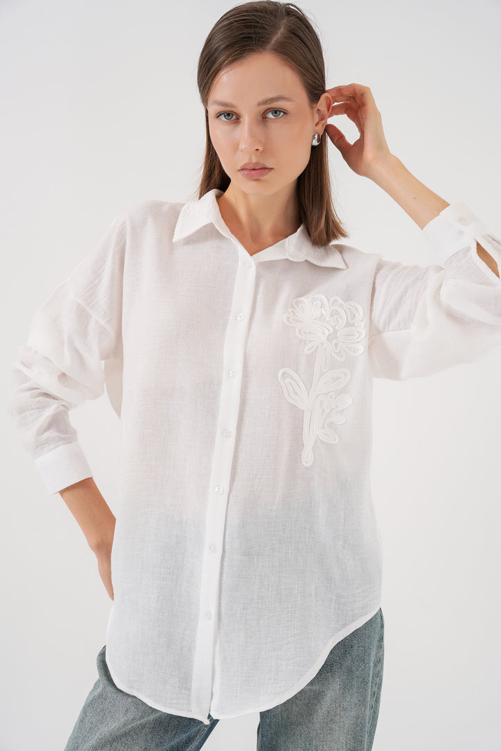 BGD Women Kadın Nakışlı Oversize Gömlek 20338 - Beyaz - Lake Forest