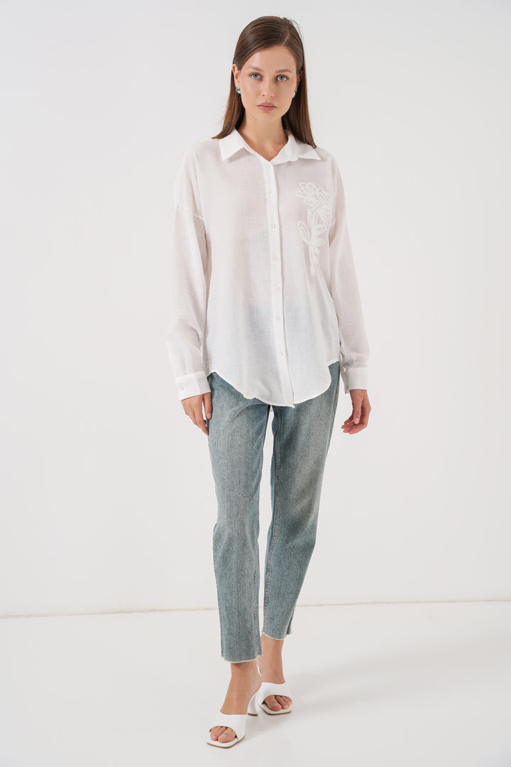 BGD Women Kadın Nakışlı Oversize Gömlek 20338 - Beyaz - Lake Forest