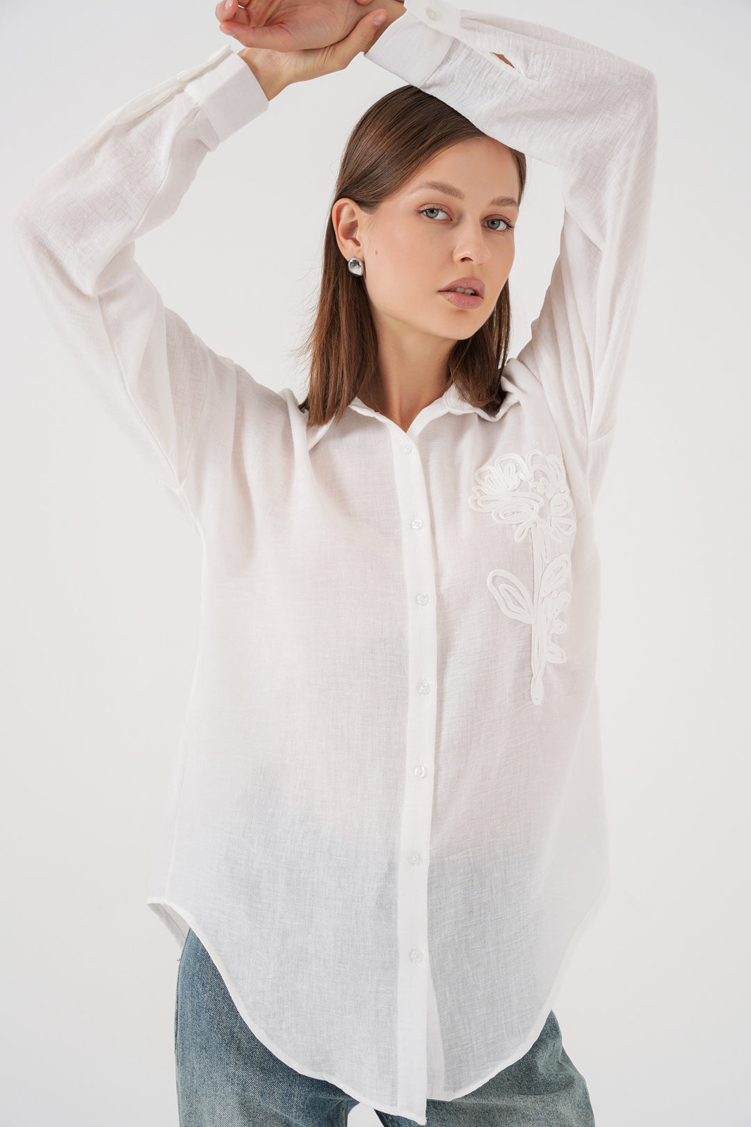 BGD Women Kadın Nakışlı Oversize Gömlek 20338 - Beyaz - Lake Forest