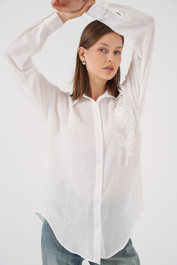 BGD Women Kadın Nakışlı Oversize Gömlek 20338 - Beyaz - Lake Forest