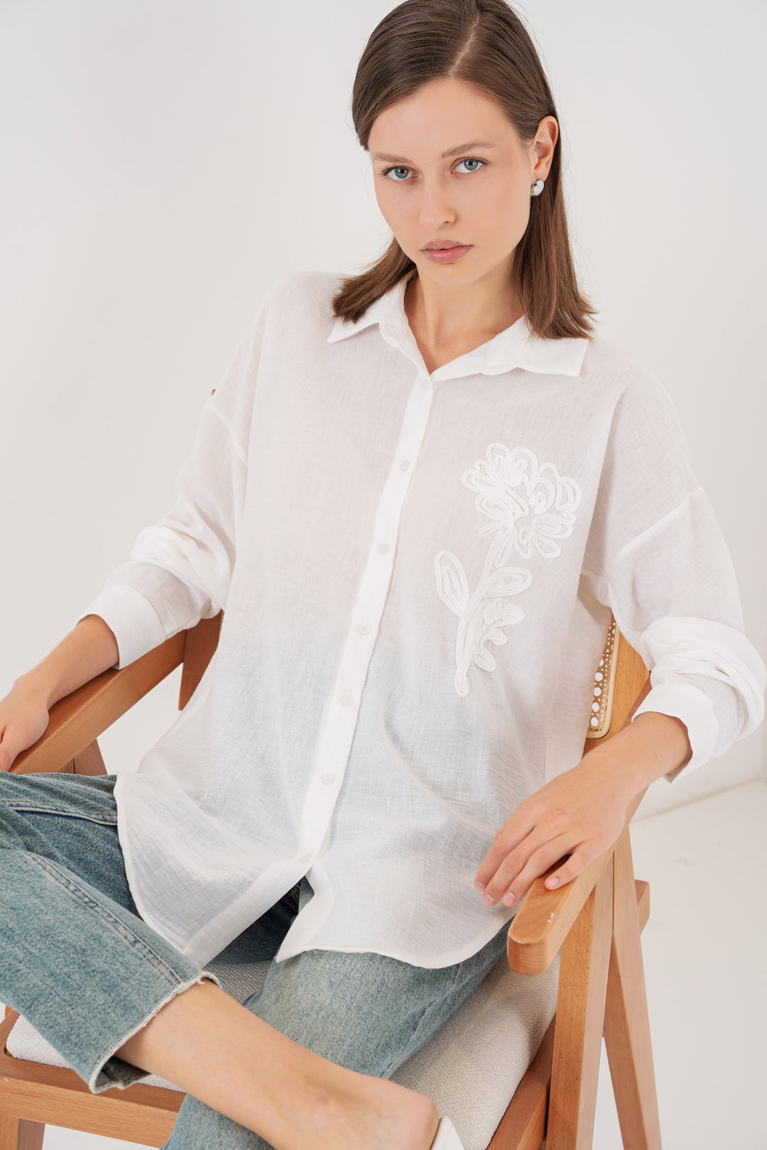 BGD Women Kadın Nakışlı Oversize Gömlek 20338 - Beyaz - Lake Forest